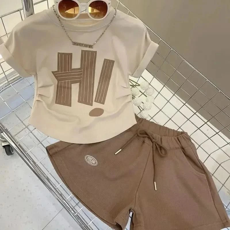 Girls Clothes Sets 2024 Summer Children Short-sleeved Suit Teenage Girls Letter T-shirt Shorts Tracksuit Outfit Clothing Set - M & M Global