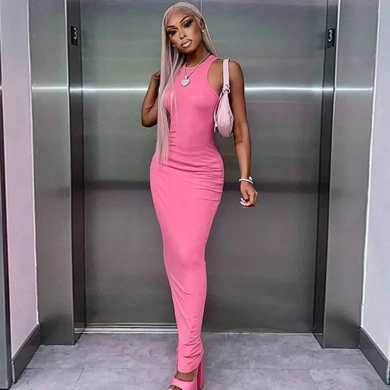 Dulzura Women Fashion 2024 Autumn Sleeveless Club Streetwear Bodycon Pink Pencil Long Dress Wholesale Items For Business - M & M Global