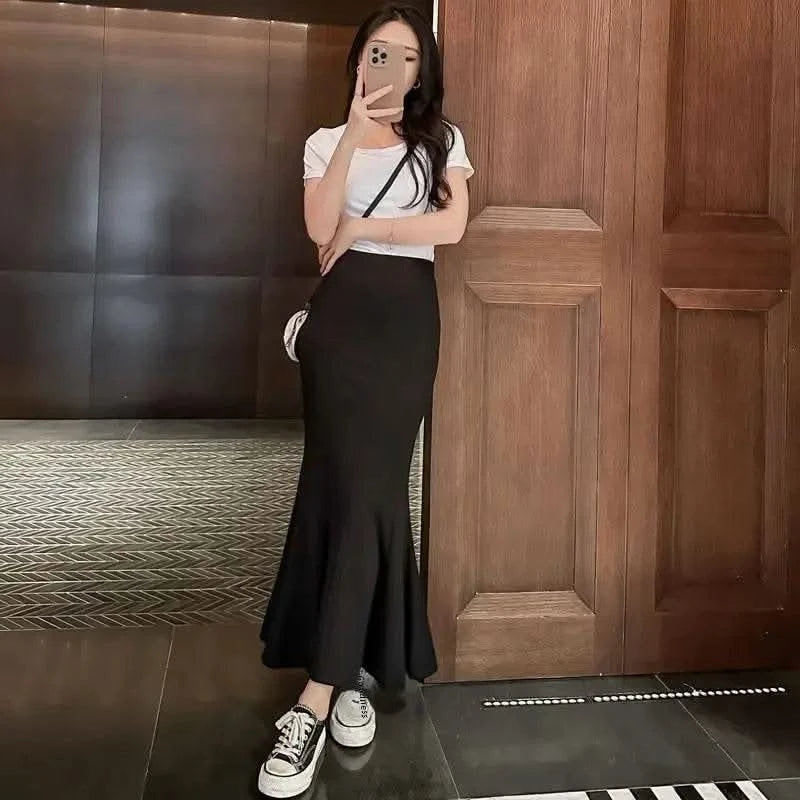 Blackskirt Women's Spring Autumn High-waisted A- line Skirt Fish Tail Vintage Long Dress Sensibility Niche Bodycon Skirt - M & M Global