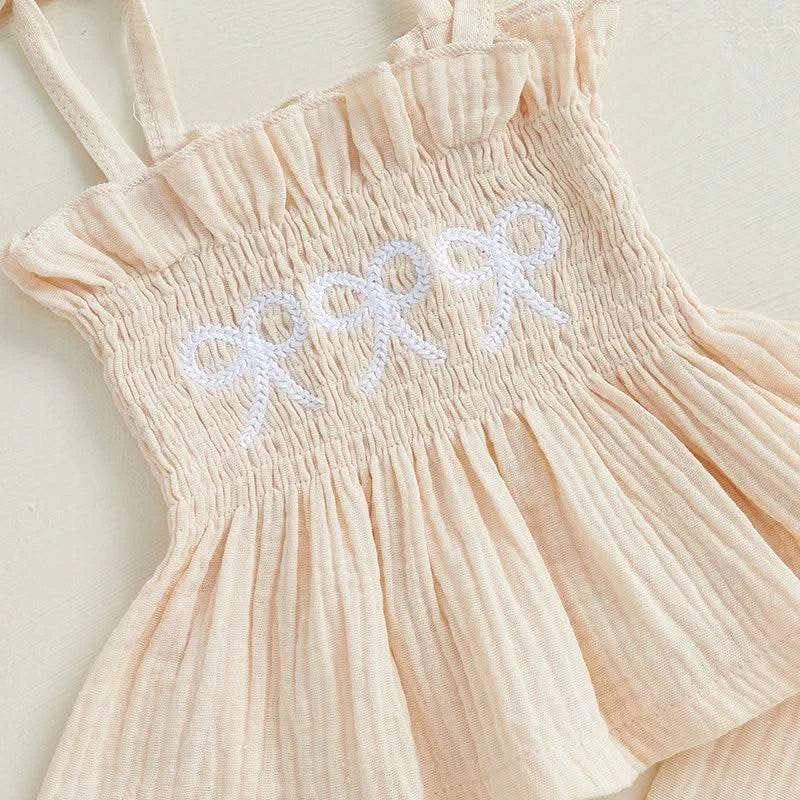 Adorable Toddler Girl Sleeveless Top and Shorts Set with Cute Bow Embroidery Detail - Summer Outfit for Little Princesses - M & M Global