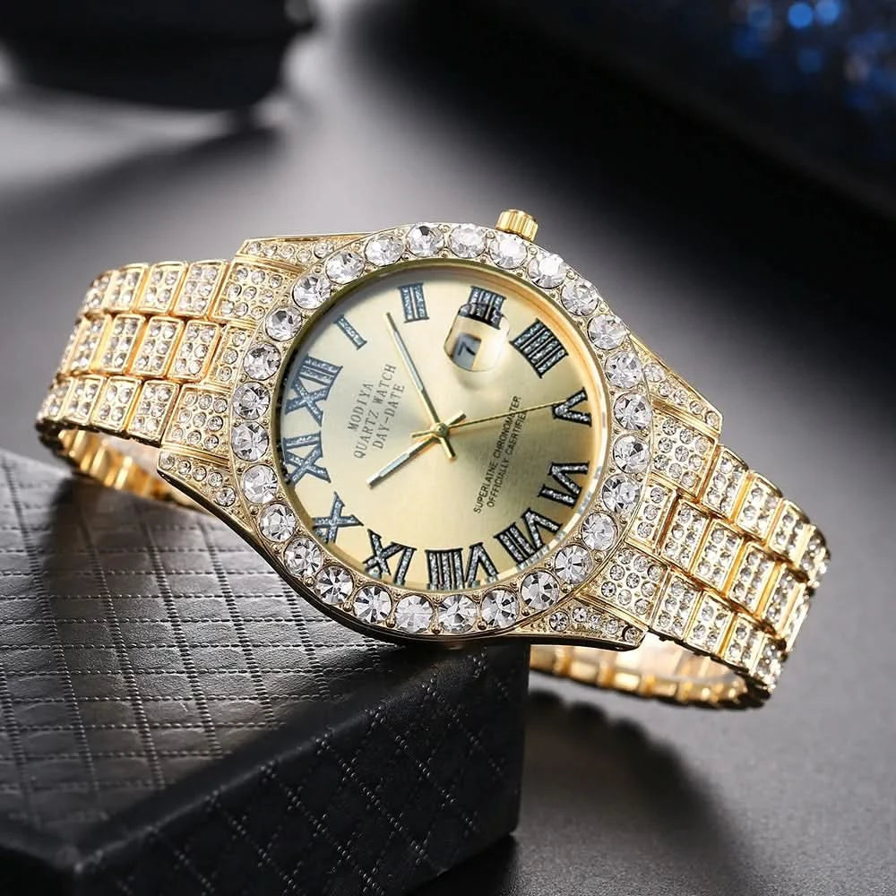 Hip Hop Iced Out Men Watch Full AAA Rhinestone Around Luxury Quartz Watches Round Clock Unisex Wrist Watch Gift For Boyfriend - M & M Global