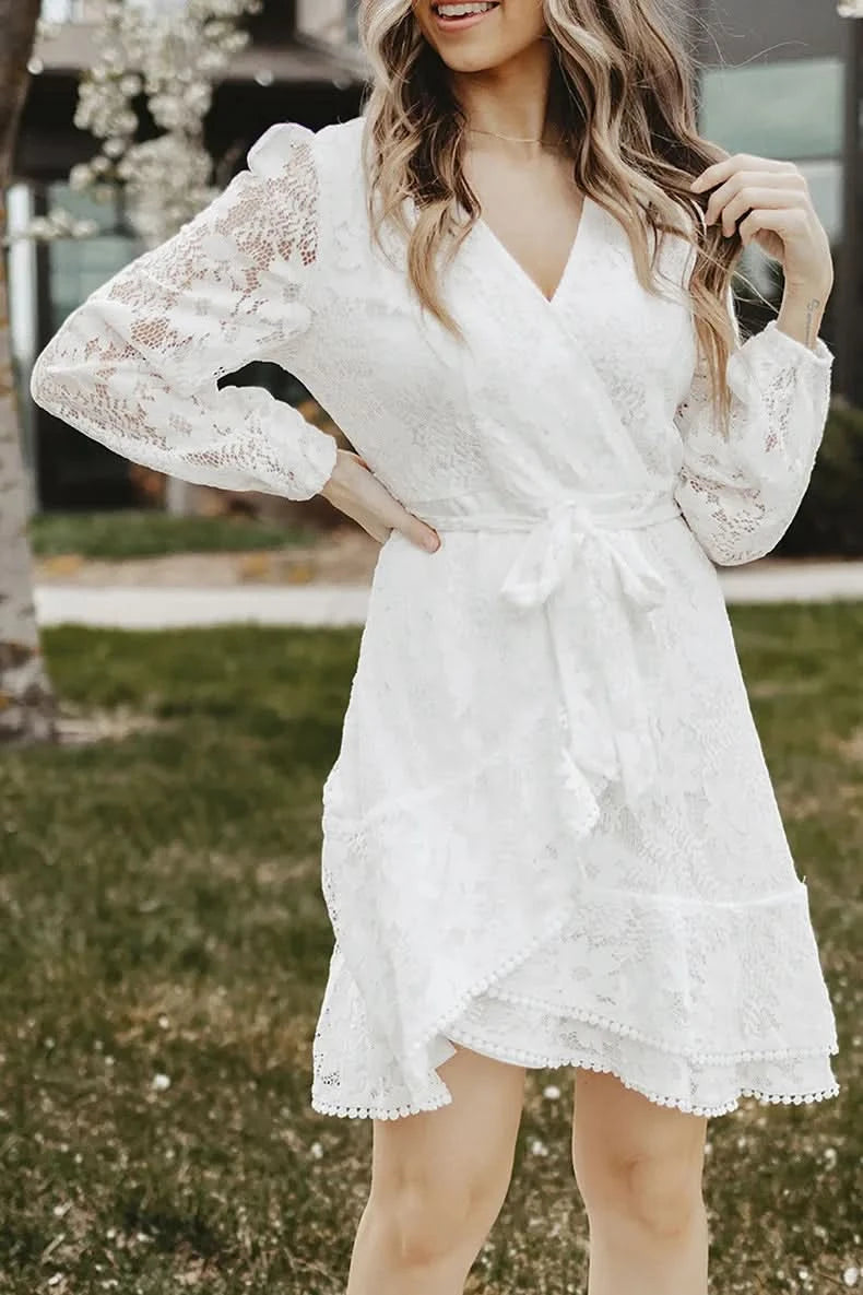 Gray/Orange Flutter Sleeve Wrap V Neck Floral Lace Short Dress for Women Summer Spring A Line Party Dress - M & M Global