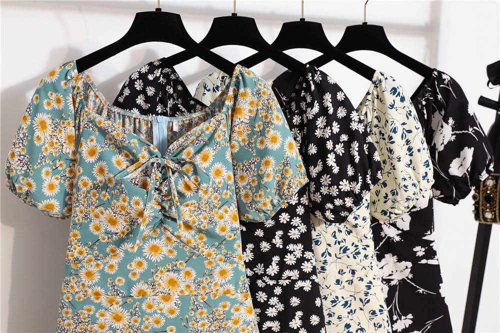 Women Mini Dresses Summer Fashion Female Vestidos Print Floral Chiffon Dresses Shirring Pleated Short Puffy Sleeve Casual Dress - M & M Global