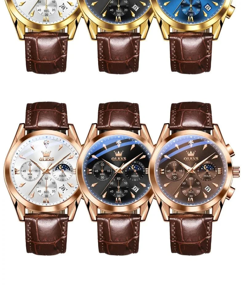 OLEVS Original Watch Leather Strap Moon Phase Luminous Quartz Watches for Man Waterproof Calendar Business Trend Wristwatch - M & M Global