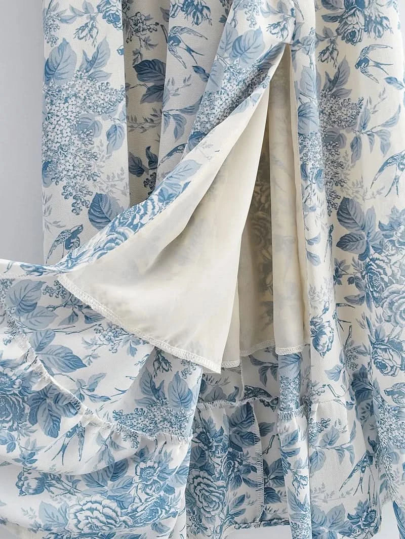 Summer Off-the-shoulder Short Sleeved Floral Split Long Chiffon Dress Swallows Print Fit and Flared Sweet Ruffles Long Dress - M & M Global