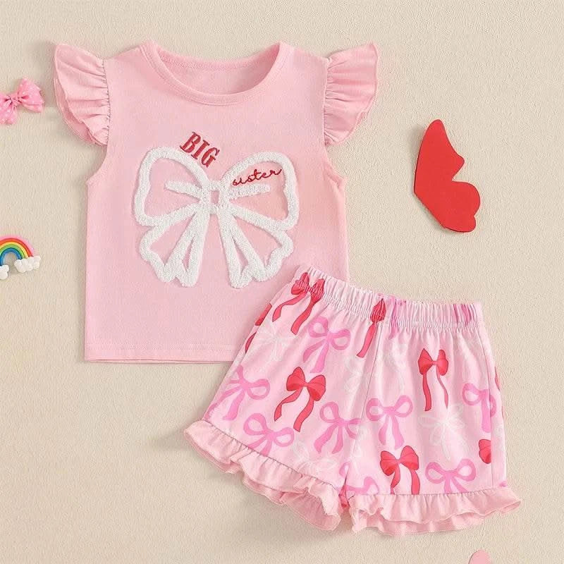 Cute Matching Baby Toddler Brother Outfit Bow Fly Sleeve Tops Elastic Waist Ruffle Shorts 2 Piece Summer Set for Siblings - M & M Global