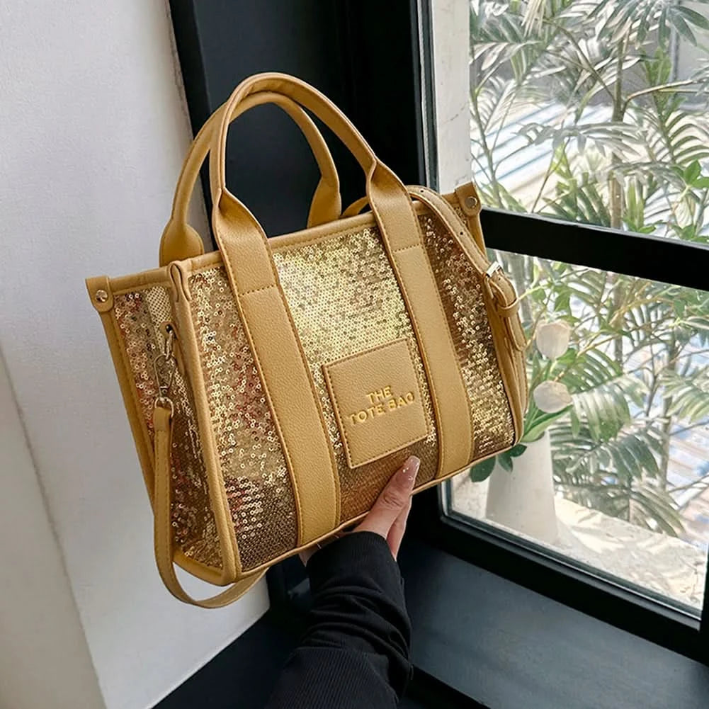 New The Tote Bag Letter Printed Sequins Top-Handle Bag Women Leather Handbag Luxury Designer Glitter Shoulder Crossbody Bag - M & M Global