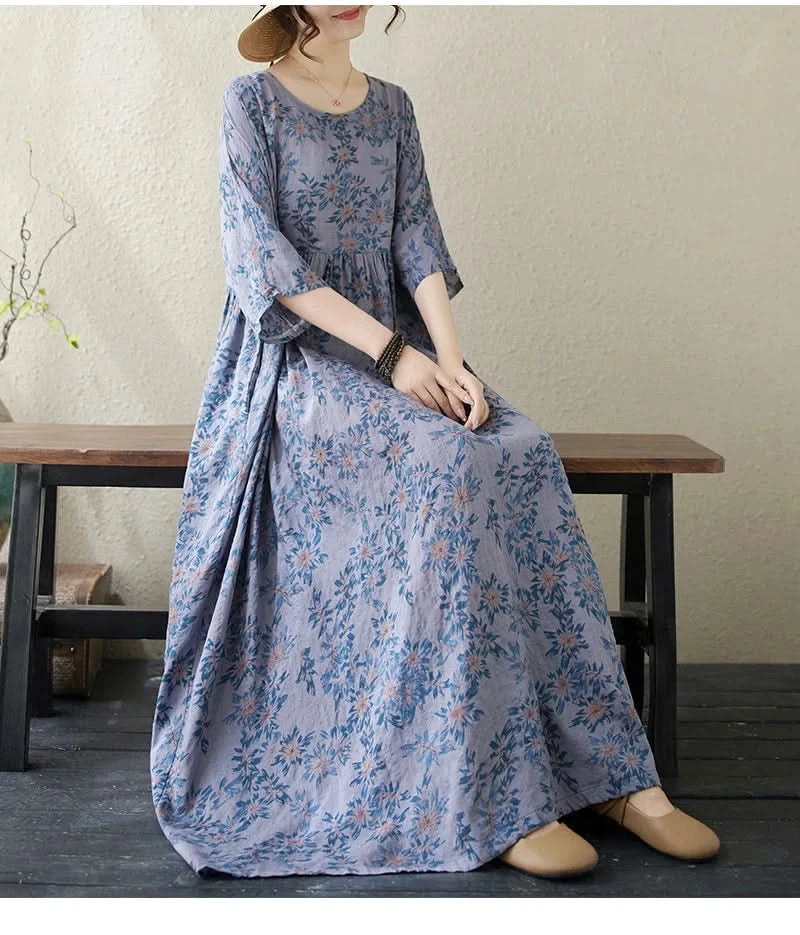 Oversized Summer Long Dress Women Floral Print Fashion Short Sleeve Ladies Dresses Casual Loose Ruffle Pleated Woman New Dress - M & M Global