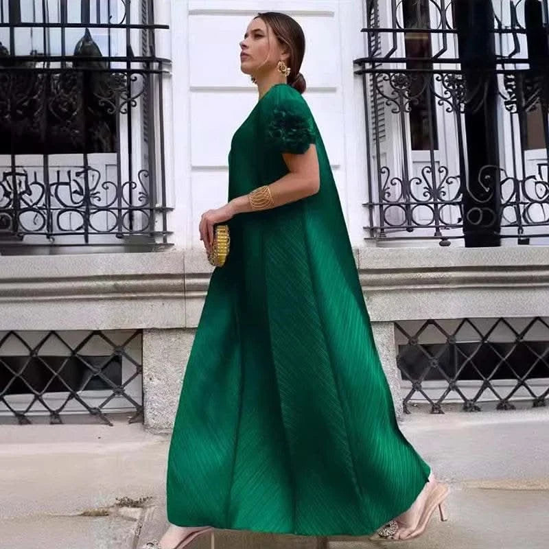 ANLAN Miyake Pleated Maxi Long Dress Mesh Petal Sleeve Half Turtleneck Formal Dresses for Women 2024 New Hot Sales 6KK9927 - M & M Global