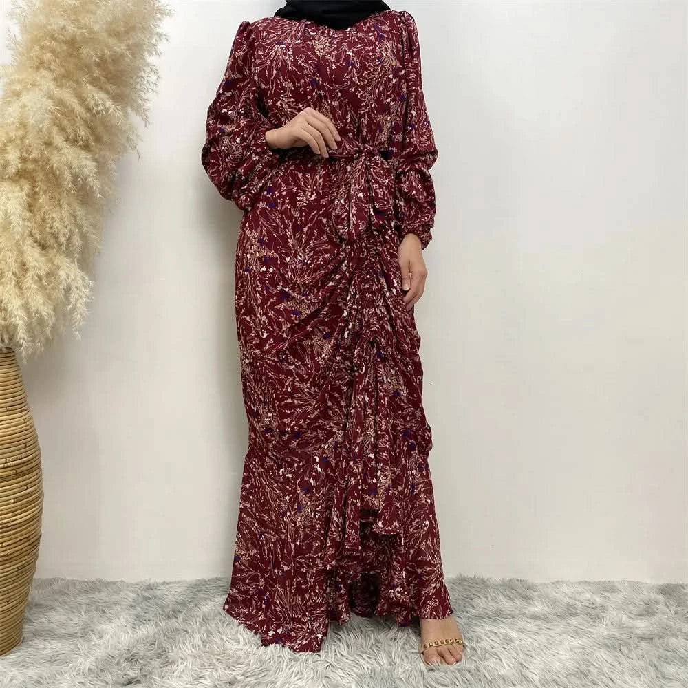Muslim Women's dress Casual print bark crepe long dress Zipper collar long sleeves loose Muslim maxi dress - M & M Global