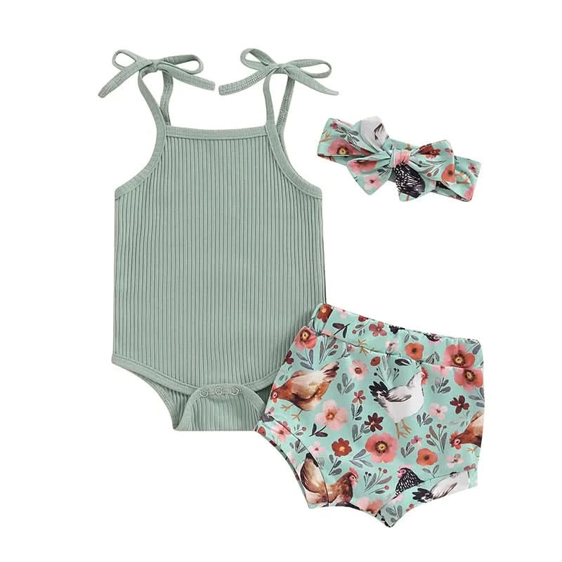 Toddler Girl 3 Piece Summer Set Floral Print Sleeveless Romper with Ruffle Trim Denim Shorts Bow Headband Outfit - M & M Global