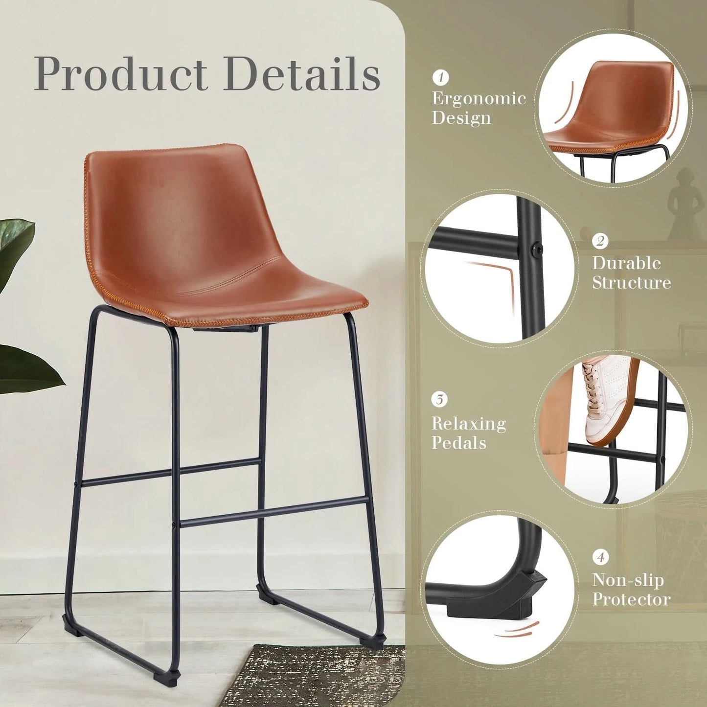 JHK Leather Modern Bar Bench 2-piece Set Armless Metal Leg Brown Bar Bench with Backrest Home Chair Living Room Furniture