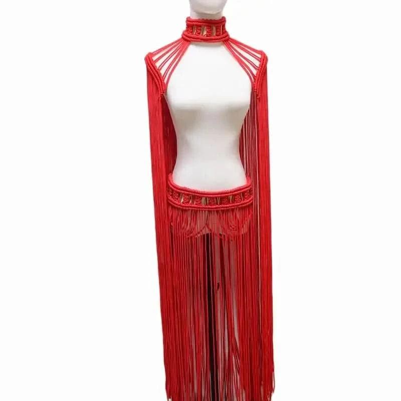 Leosoxs Tassel Hand Crochet Knitted Women Bikini Cover Ups Summer Holiday Beach Bathing Suit Sexy Hollow Out Skirts Matching Set - M & M Global