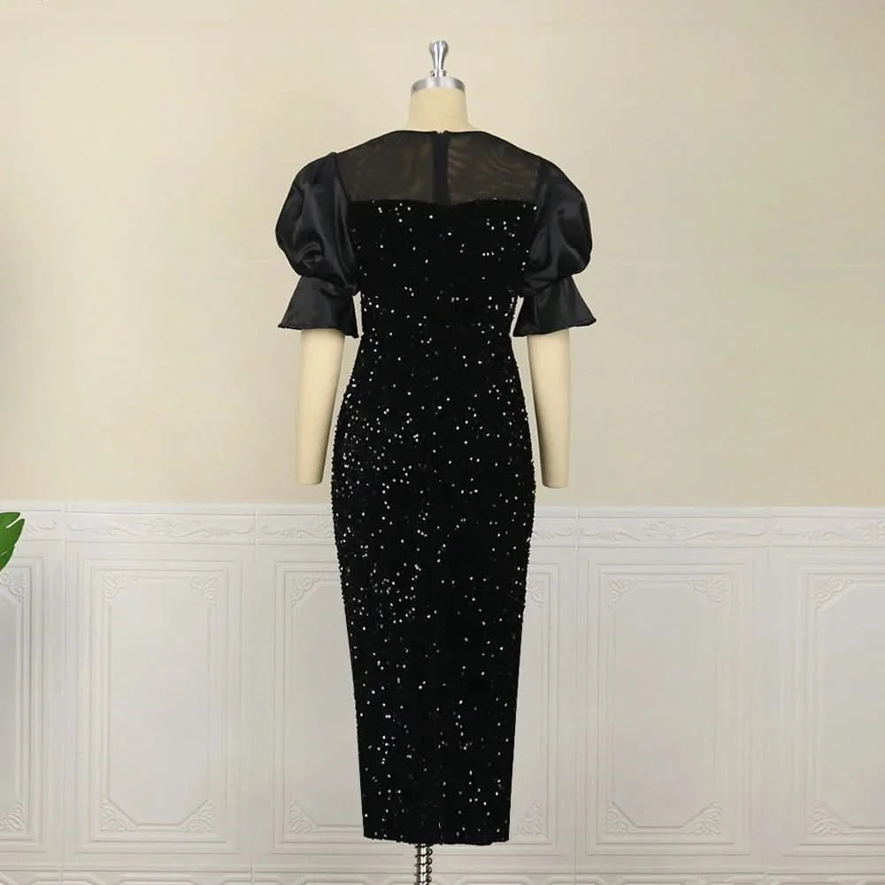 Women Sequined Shiny Black Long Dress Glitter Embroidered Chest Wrapped Puff Sleeve Classy Winter Fall Party Celebrity Gowns New - M & M Global