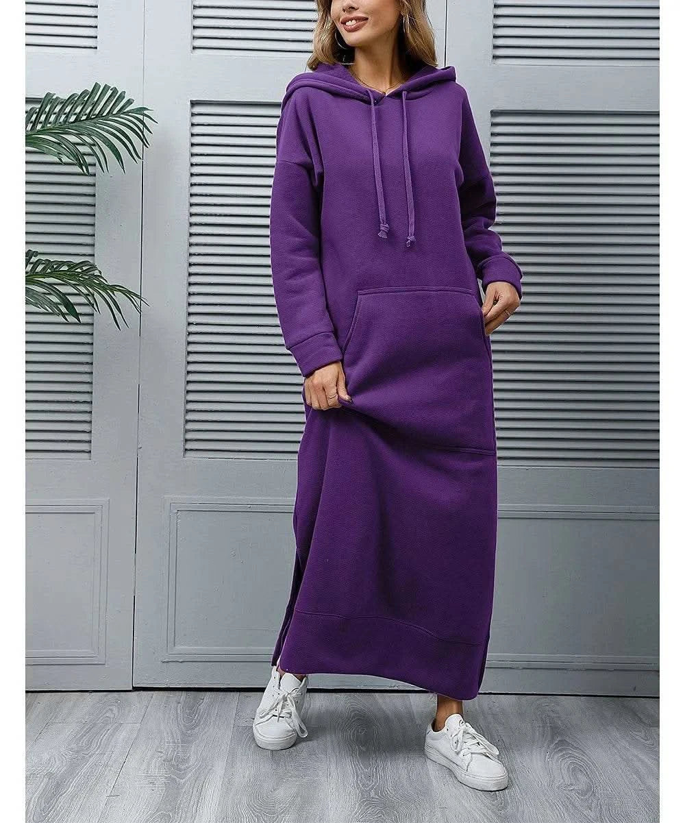 Autumn and Winter New Loose Size Knitted Hooded Long Dress Plush Casual Fashion Dress Large Pocket Skirt Women's Wear - M & M Global