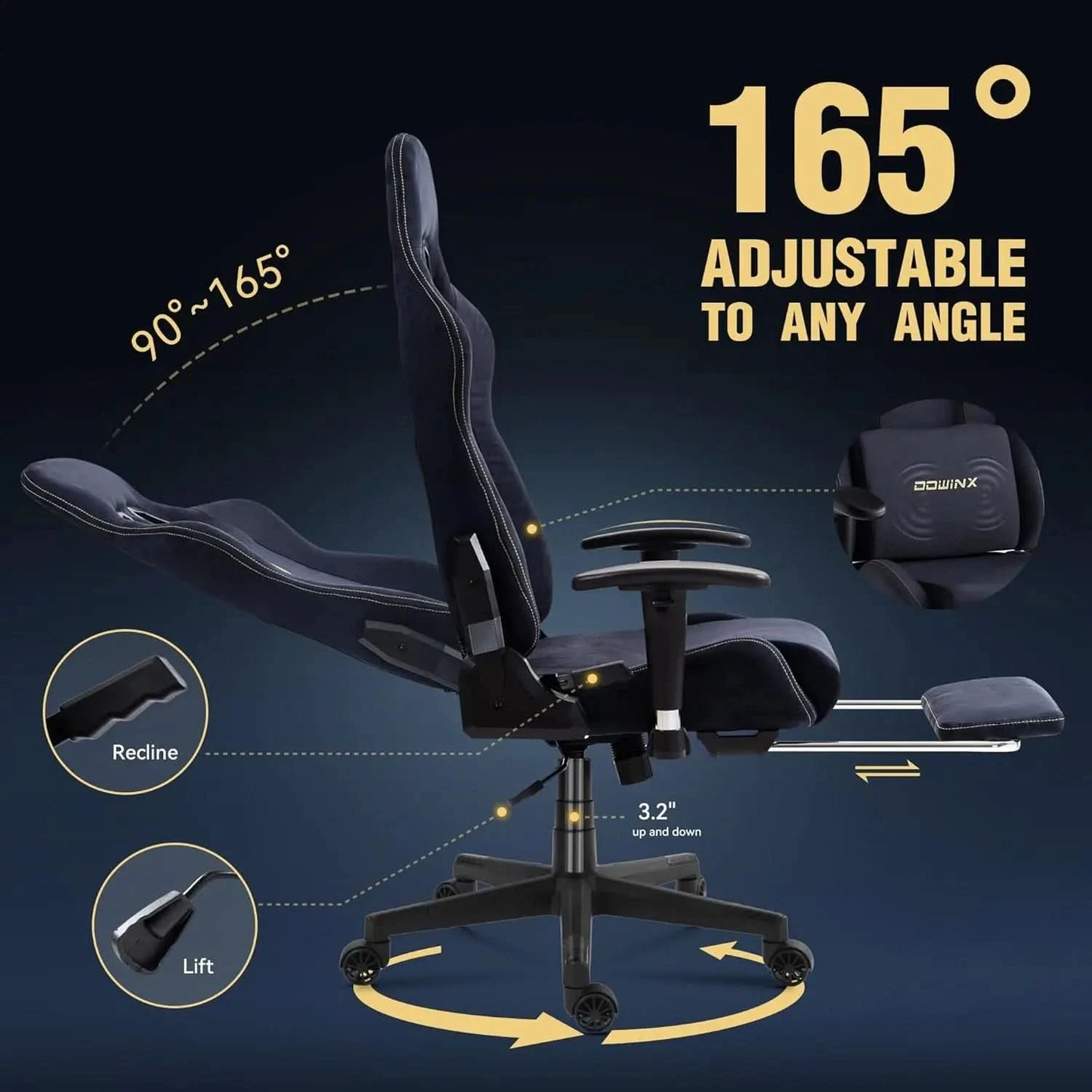 Dowinx Gaming Chair with Massage Lumbar Support, Suede Fabric Ergonomic Computer Chair with Footrest for Adults