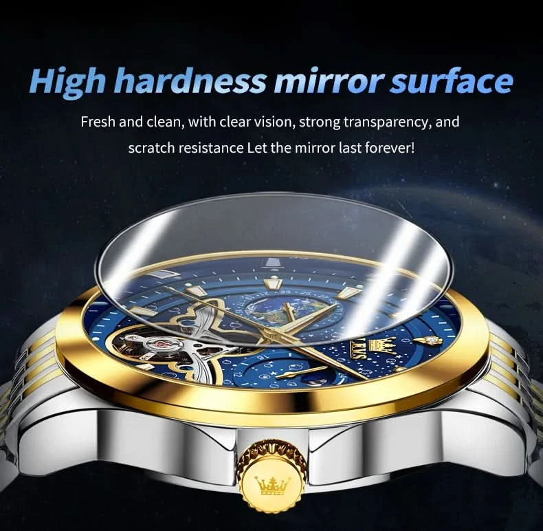 OLEVS Luxury Brand Men's Watches Luminous Waterproof Fully Automatic Mechanical Watch Starry Sky Dial Moon Phase Hollow Out - M & M Global