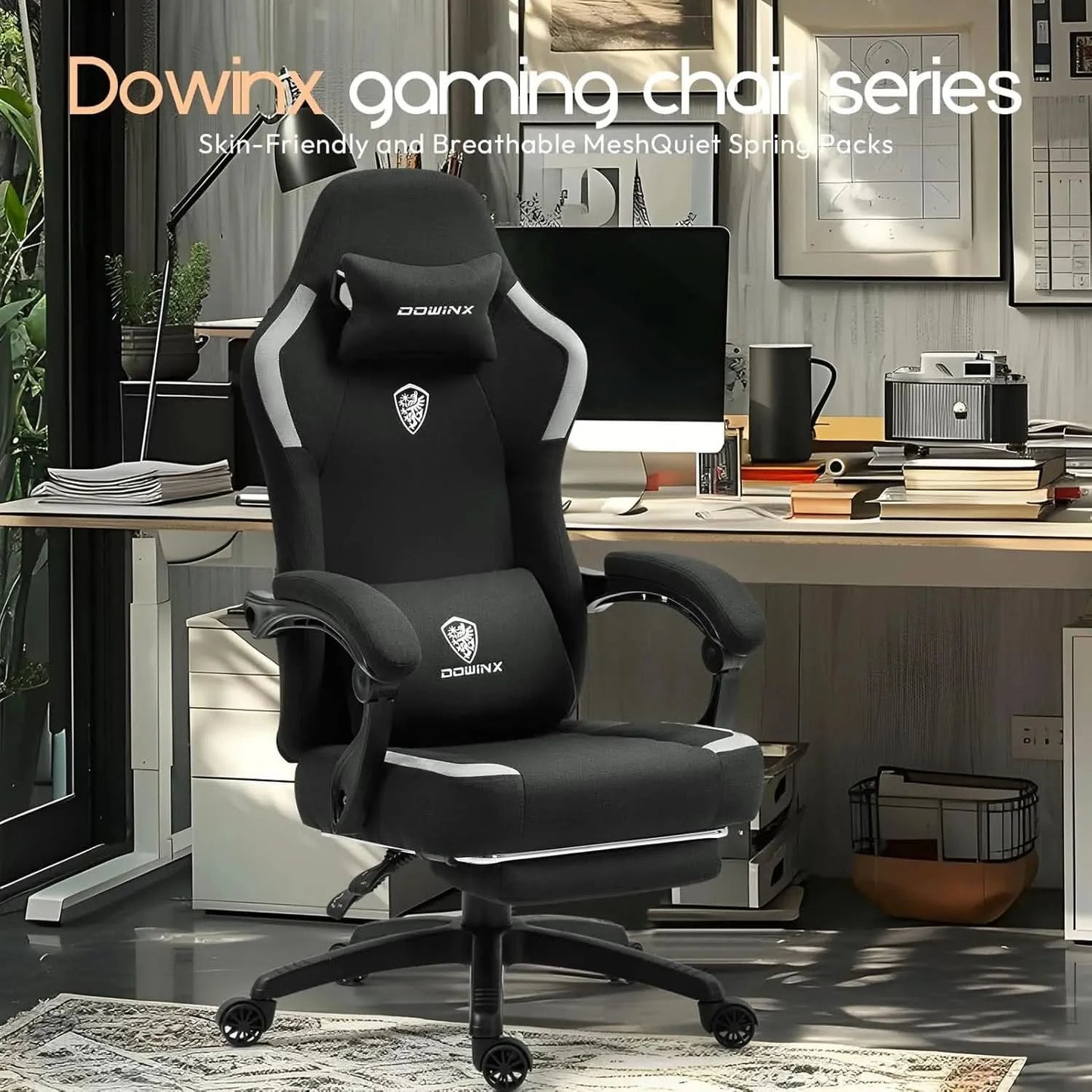 Dowinx Fabric Gaming Chair with Pocket Spring Cushion,Breathable Computer Chair with Massage Lumbar Support and Footrest