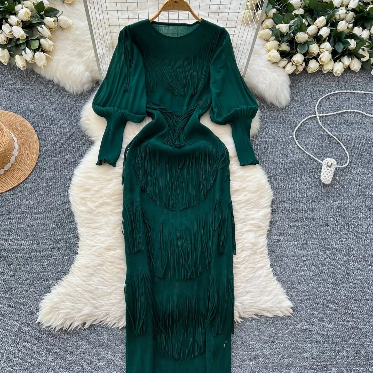 Vintage O-Neck Elegant Long Lantern Sleeve Chic Tassel Slim Long Dress French Fashion Evening High Street Autumn Winter Clothing - M & M Global