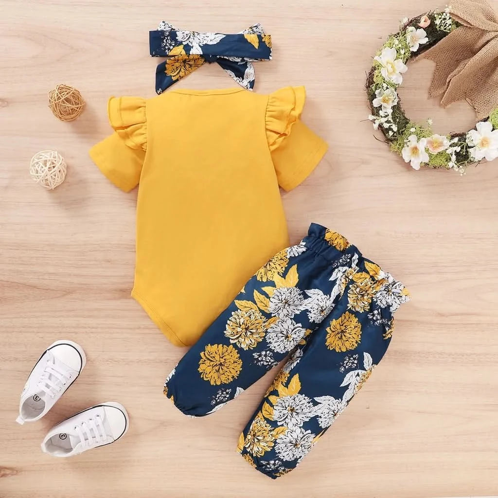 Newborn Baby Girls Clothing Set Infants Girl Short Sleeve Bodysuit+Floral Pants with Bow+Headband 3PCS Outfits for 0-18 Months - M & M Global