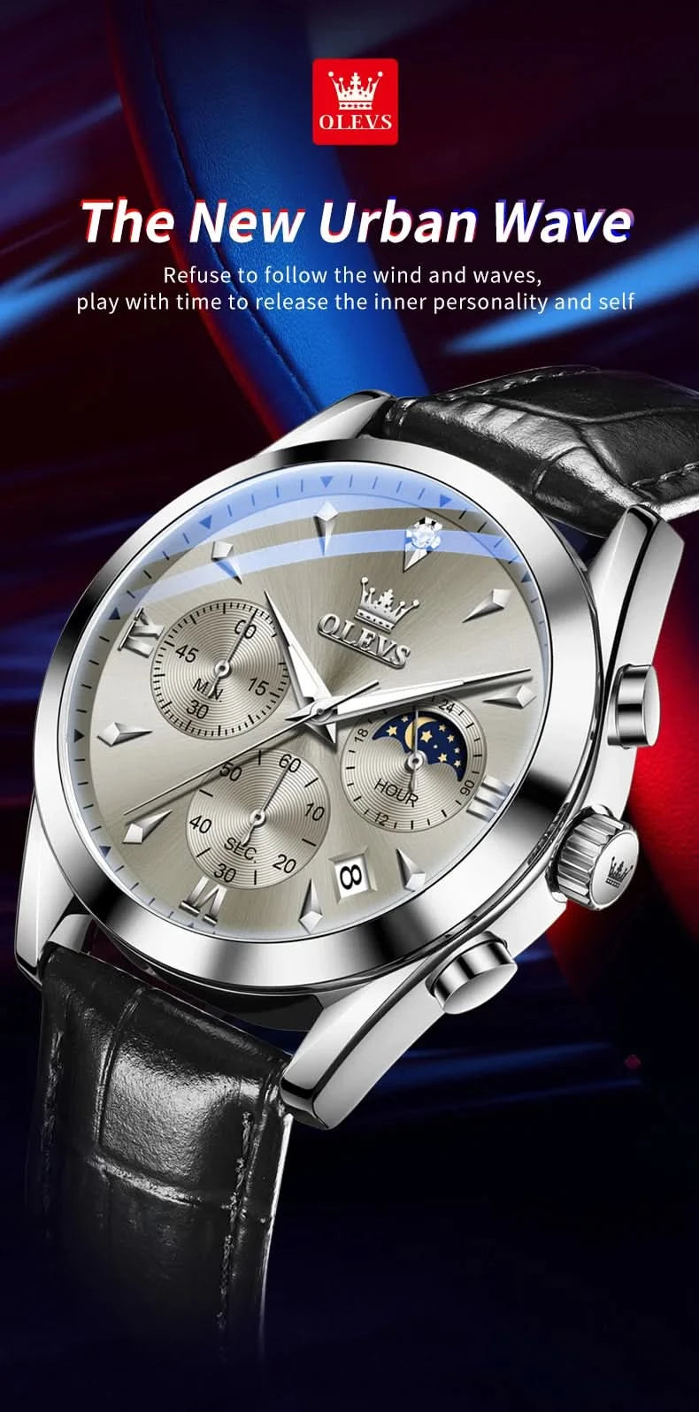 OLEVS Original Watch Leather Strap Moon Phase Luminous Quartz Watches for Man Waterproof Calendar Business Trend Wristwatch - M & M Global