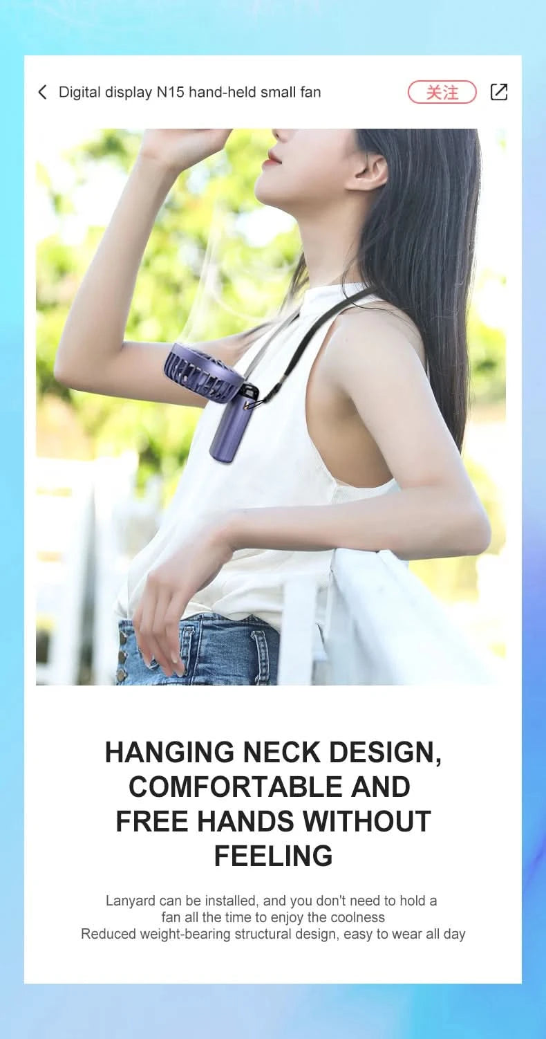 USB Handheld Mini Fan Foldable Portable Neck Hanging Fans 5 Speed USB Rechargeable Fan with Phone Stand and Display Screen - M & M Global