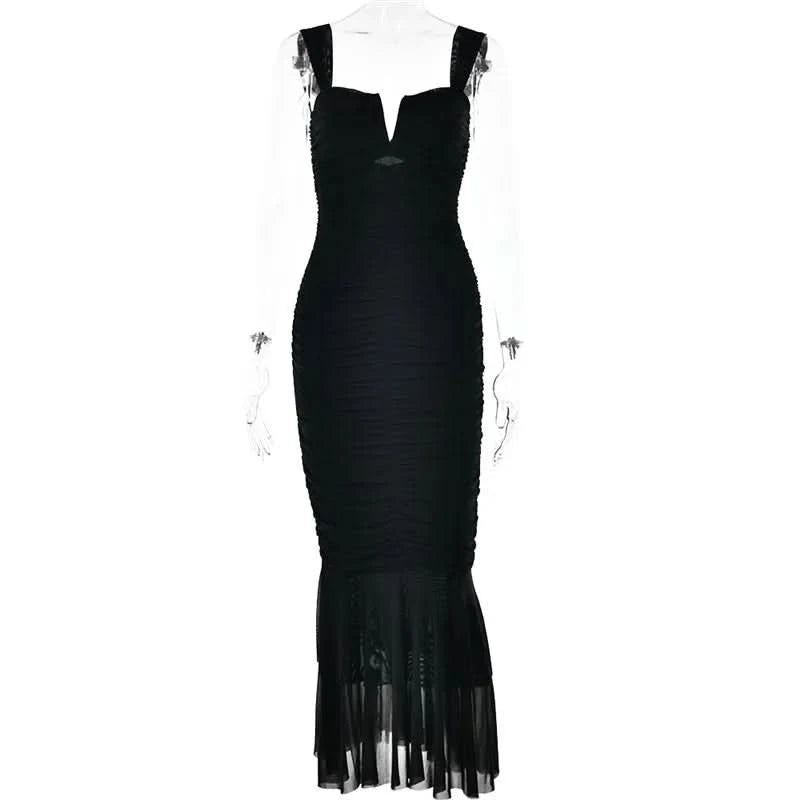 Mozision Hollow Out Backless Ruched Maxi Dress For Women Robe Elegant Spaghetti Strap Sleeveless Bodycon Party Long Dress - M & M Global