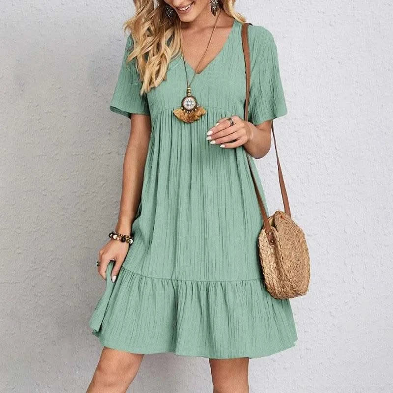 2025 Loose V-neck Short Sleeved Pleated Women Dress Solid Color A-line Beach Dresses Elegant Simple Comfortable Woman Clothing - M & M Global