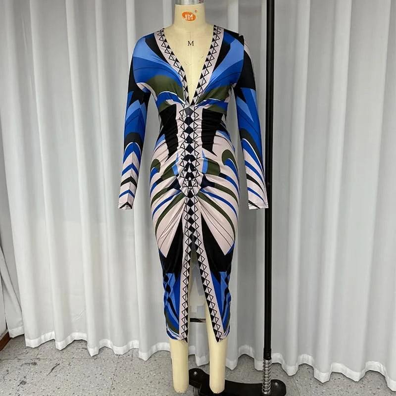 Wefads Long Dress Women Clothing Printed Long Sleeve V Neck Pleated Nipped Waist Slim Slit Casual Dresses Streetwear - M & M Global