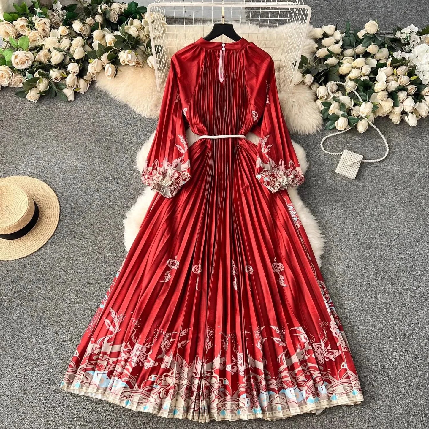 Spring Holiday Print Long Dress For Women Fashion Loose Lantern Sleeve Party Robe Female Big Swing Tassels Belt Pleated Clothes - M & M Global