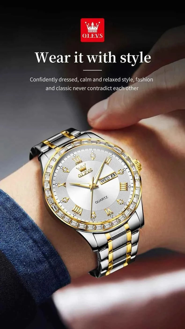 OLEVS 9906 Quartz Men's Watch Classic Fashion Men's Business Waterproof Stainless Steel Diamond dial Top Luxury Brand Men Watch - M & M Global