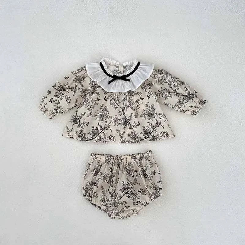 2PCS Summer Floral Baby Girl Suit New Autumn Fashion Lace Bow Baby Girls' Set Peter Pan Collar Shirt and Shorts Princess Outfits - M & M Global