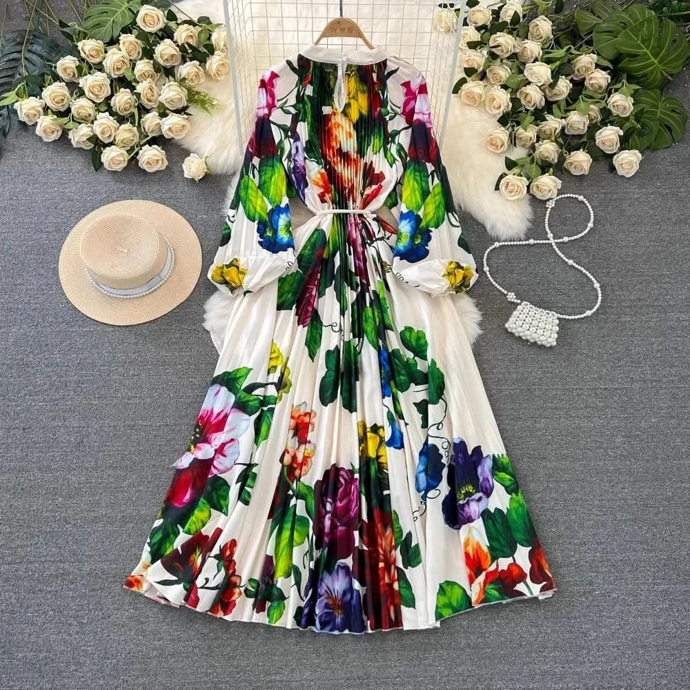 Spring Holiday Print Long Dress For Women Fashion Loose Lantern Sleeve Party Robe Female Big Swing Tassels Belt Pleated Clothes - M & M Global