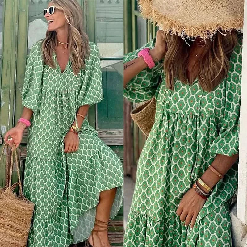 Summer Puff Sleeve Long Dress Women Geometric Print Half Sleeve Dress Boho V-Neck Loose Holiday Beach Dress Vestidos - M & M Global