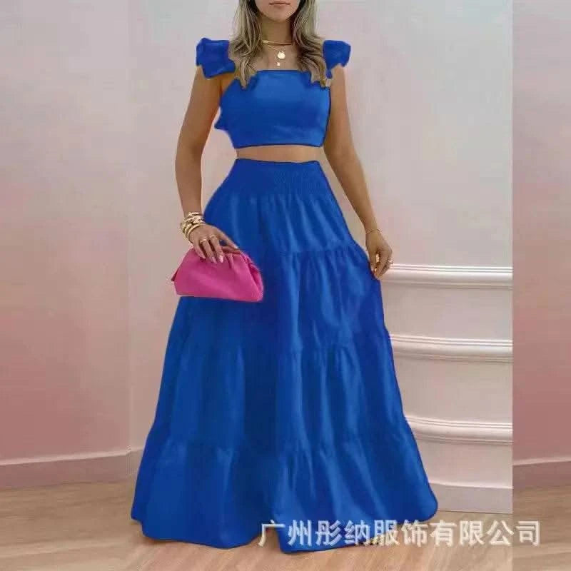 Dress Set Two-piece Women's Clothing Solid Color Sexy Suspender Large Swing Skirt Short Sleeved Square Neck Top Summer Outfits - M & M Global