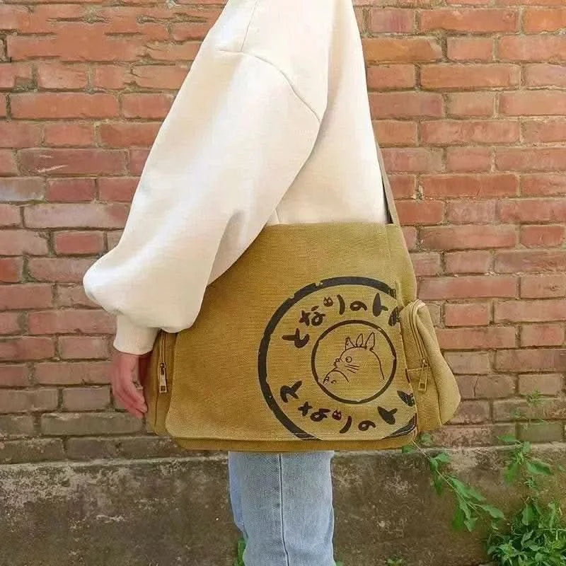 Canvas Messenger Handbag Large Capacity Washed Women Oblique Straddle Canvas Bag Simple Vintage Cartoon Leisure Shoulder Handbag - M & M Global