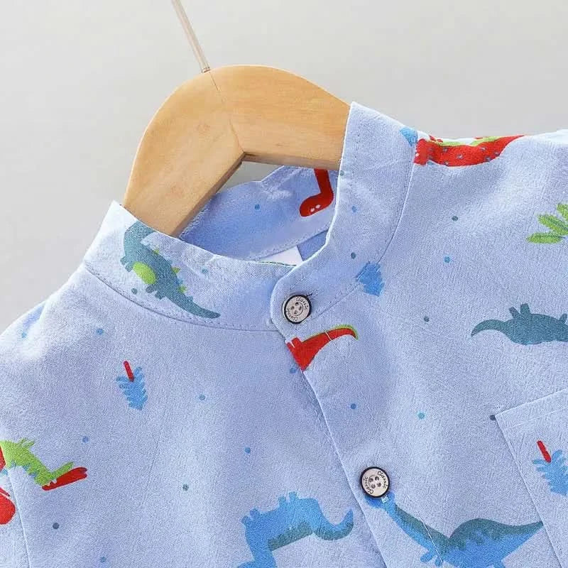 Infants and Toddlers Covered in Printed Cartoon Dinosaur Stand-up Collar Shirt Short Sleeve 2 Piece Set - M & M Global