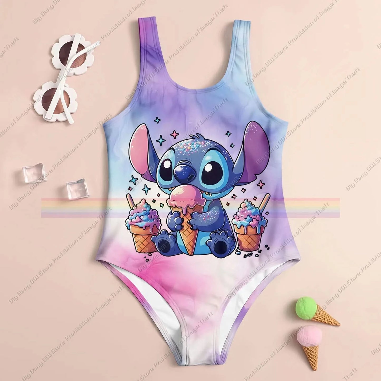Stitch Cartoon Miniso 2025 Summer 3D Printing Kids Clothing Swimsuit Girls Boys Two Piece Bikini Set Beach Party Essential - M & M Global