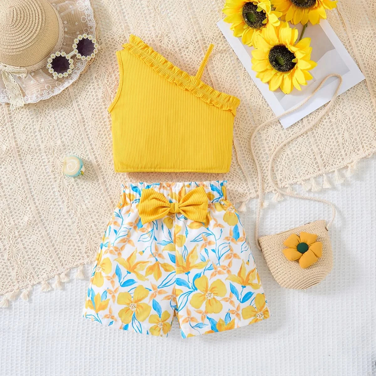 Girls Children Fashion Suit One Shoulder Top & Shorts Printed Floral Girl Summer Suspender Set Birthday Gift Fashion Suits - M & M Global