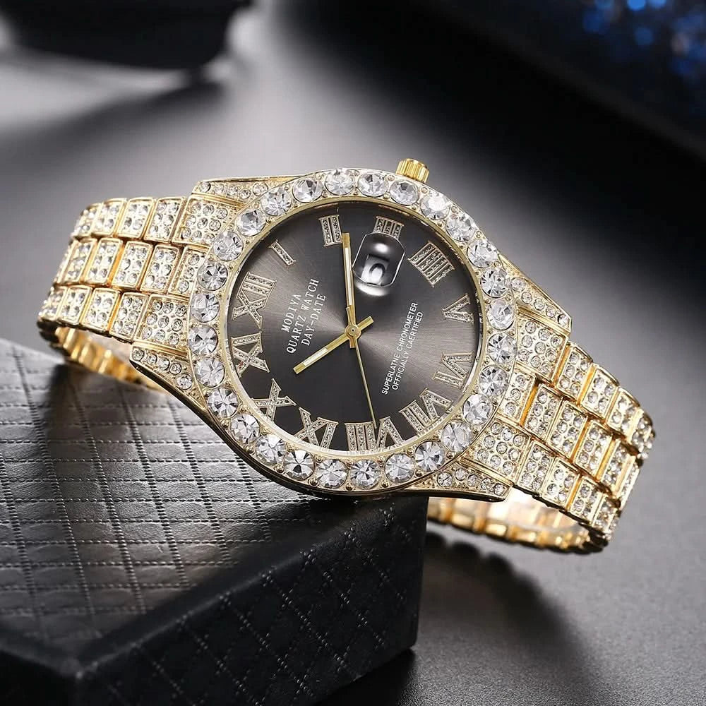 Hip Hop Iced Out Men Watch Full AAA Rhinestone Around Luxury Quartz Watches Round Clock Unisex Wrist Watch Gift For Boyfriend - M & M Global