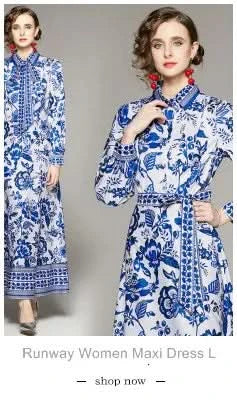 Summer Long Dress Women Runway Blue And White Porcelain Asymmetry Sexy Off The Shoulder Ruffles Hem Loose Robe Maxi Vestidos - M & M Global