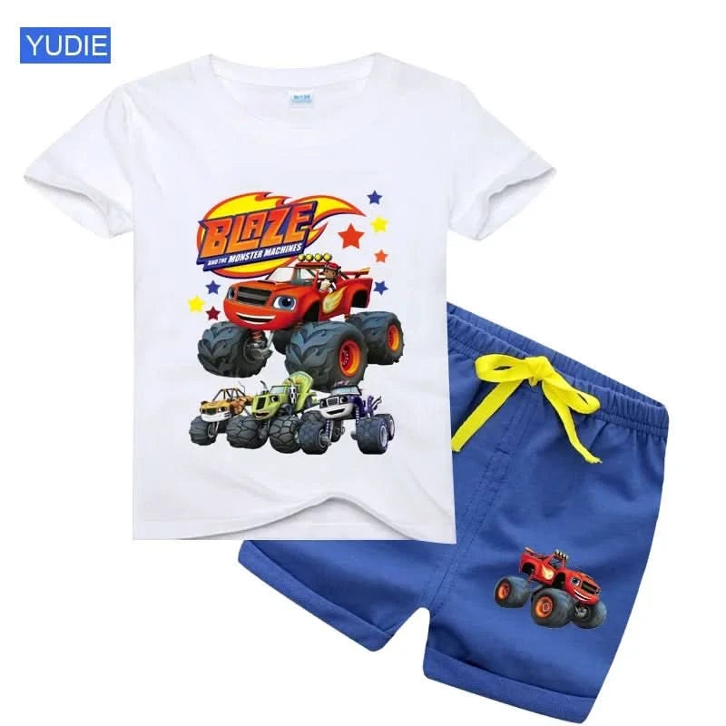 2025 Summer Baby Boy Clothes Set Cartoon Blazing Speed Cars Monster Machines Children Girl Short Sleeve T Shirt+Shorts 2PCS Suit - M & M Global