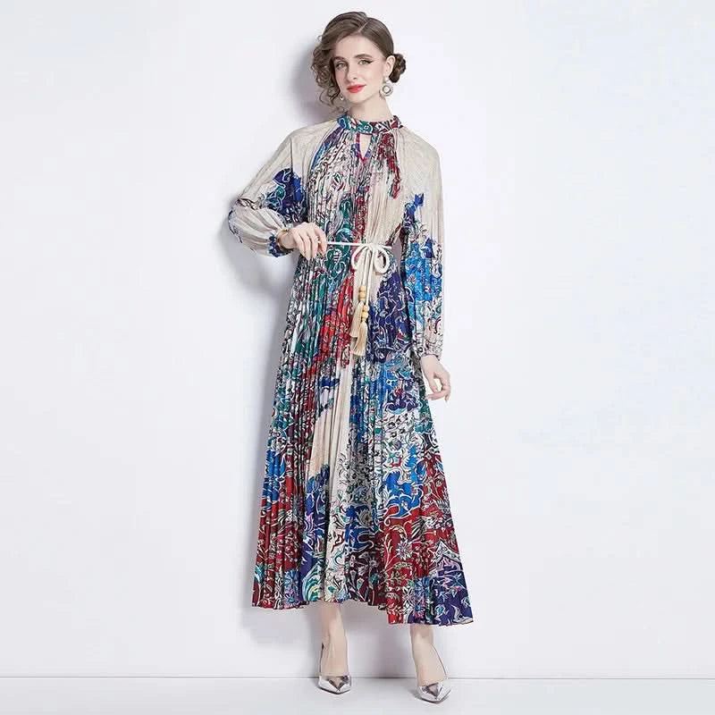 Spring Holiday Print Long Dress For Women Fashion Loose Lantern Sleeve Party Robe Female Big Swing Tassels Belt Pleated Clothes - M & M Global