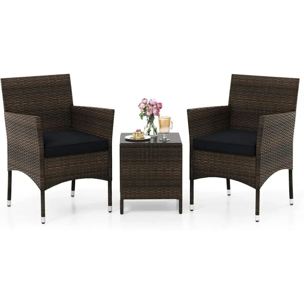 3 Piece Patio Furniture Set, Outdoor Wicker Patio Chairs with Soft Cushions & Tempered Glass Top Table, PE Rattan Bistro