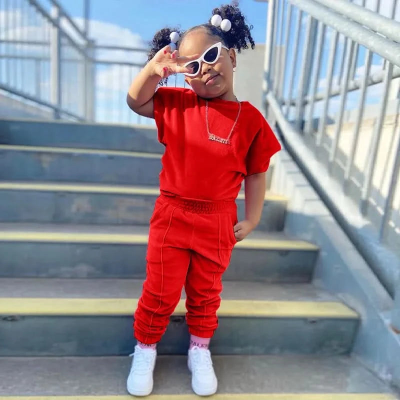 Fashion Kids Little Girls Clothing 2 Pieces Sets Cotton Solid Casual T-shirt+Elastic Waist Pants Young Children Outfits 1-6Y - M & M Global