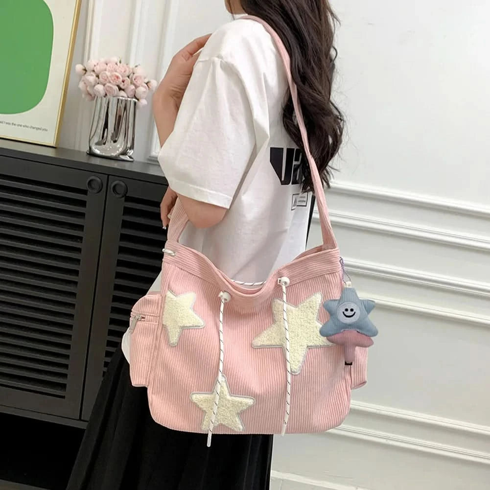 Women Star Pattern Corduroy Crossbody Bag Casual Tote Lady Fashion Large Capacity Shoulder Bag Girl Travel Messenger Bag Handbag - M & M Global