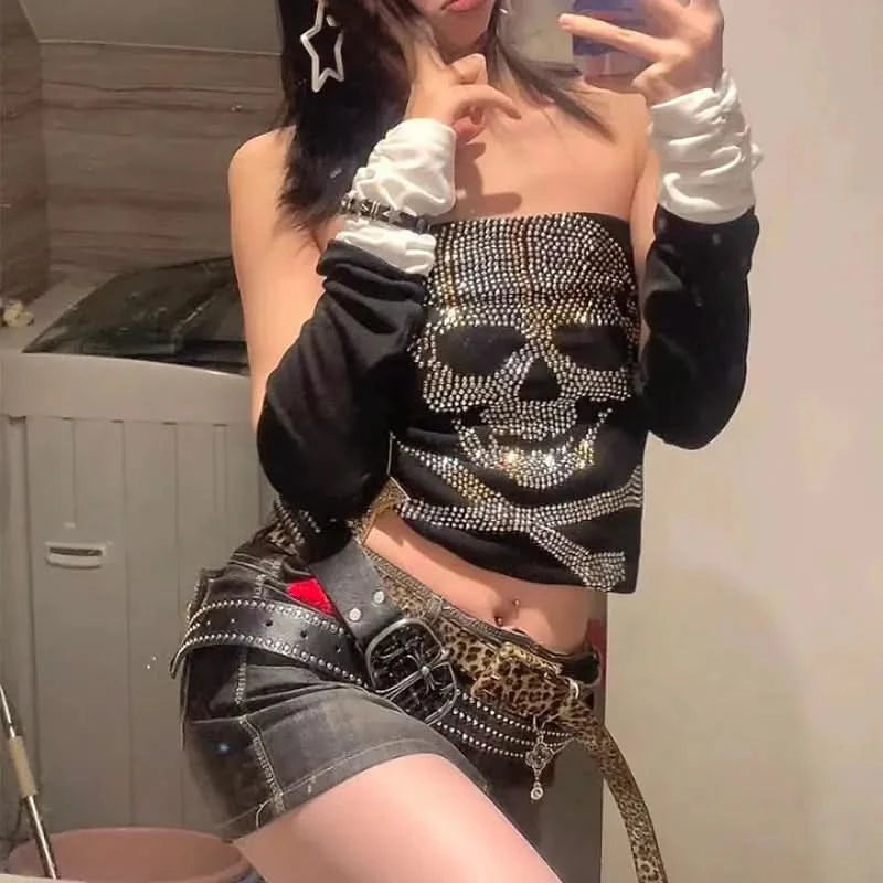 Punk Y2k Tank Top Harajuku Rhinestone Casual Sleeveless Top Rock Gothic Retro Halter top Hip Hop Streetwear Crop top EMO Sling - M & M Global
