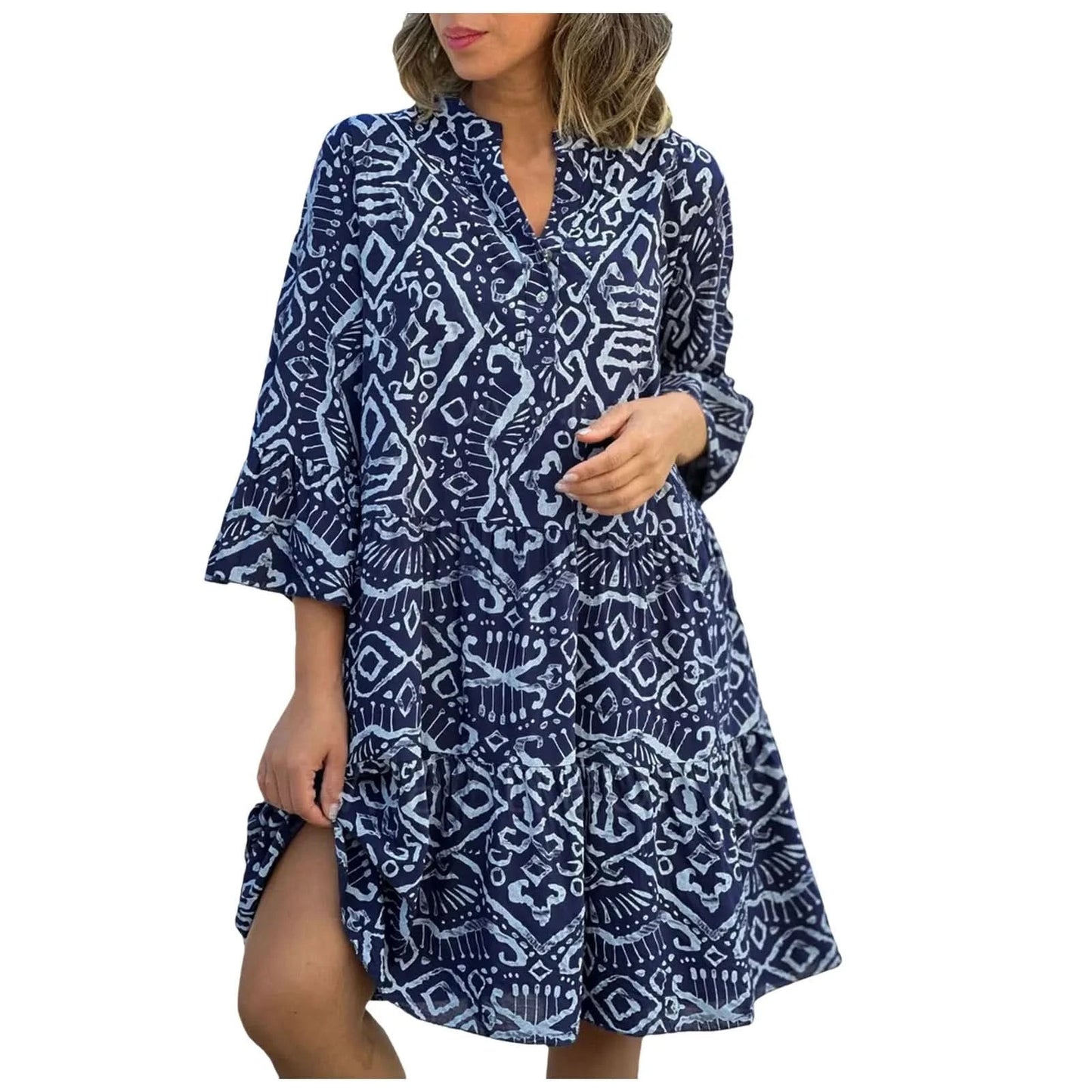 Women Floral Print Maxi Dress Fashion Casual V Neck Long Dress Plus Size Summer Boho Dress Ruffle Three Quarter Sleeves Dresses - M & M Global