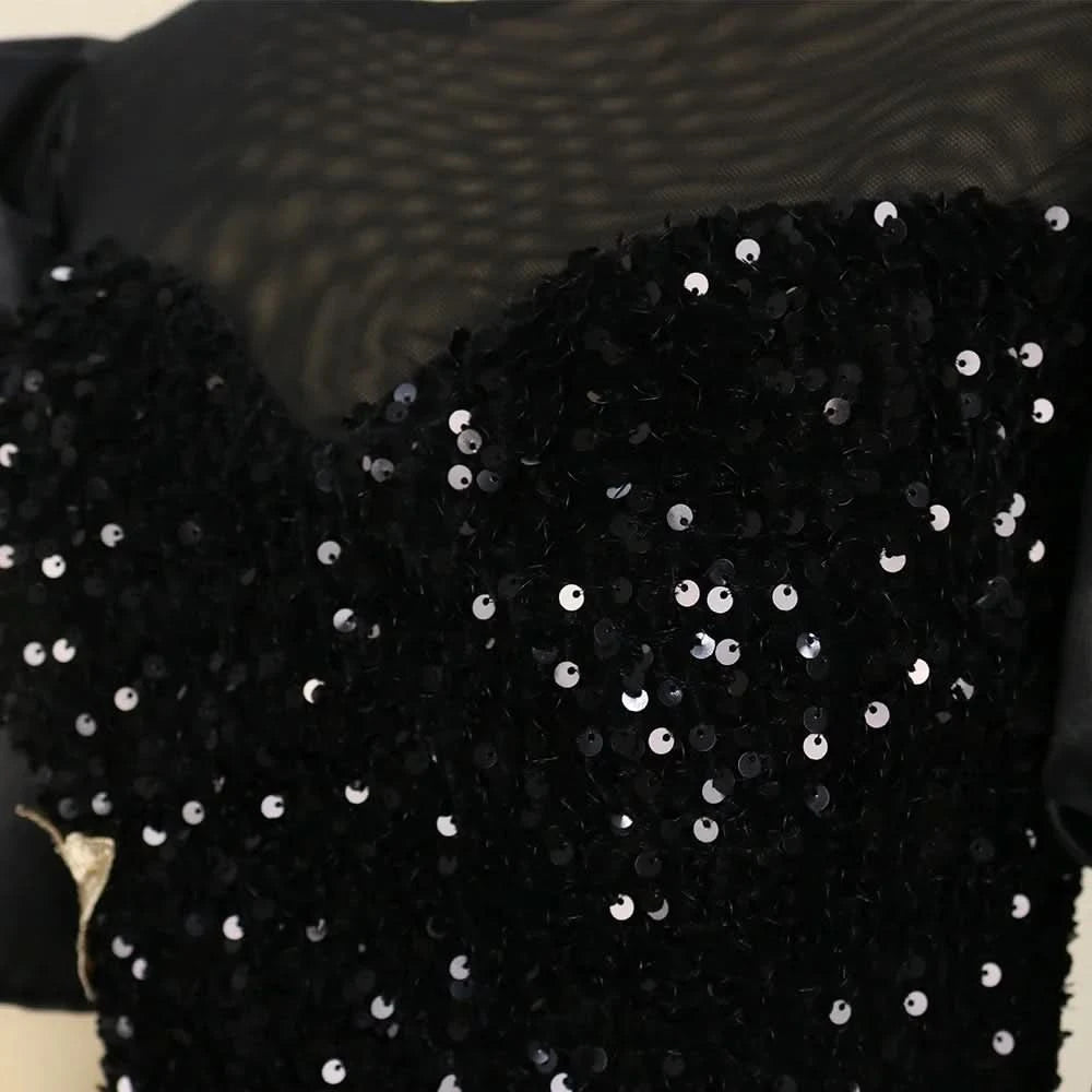 Women Sequined Shiny Black Long Dress Glitter Embroidered Chest Wrapped Puff Sleeve Classy Winter Fall Party Celebrity Gowns New - M & M Global
