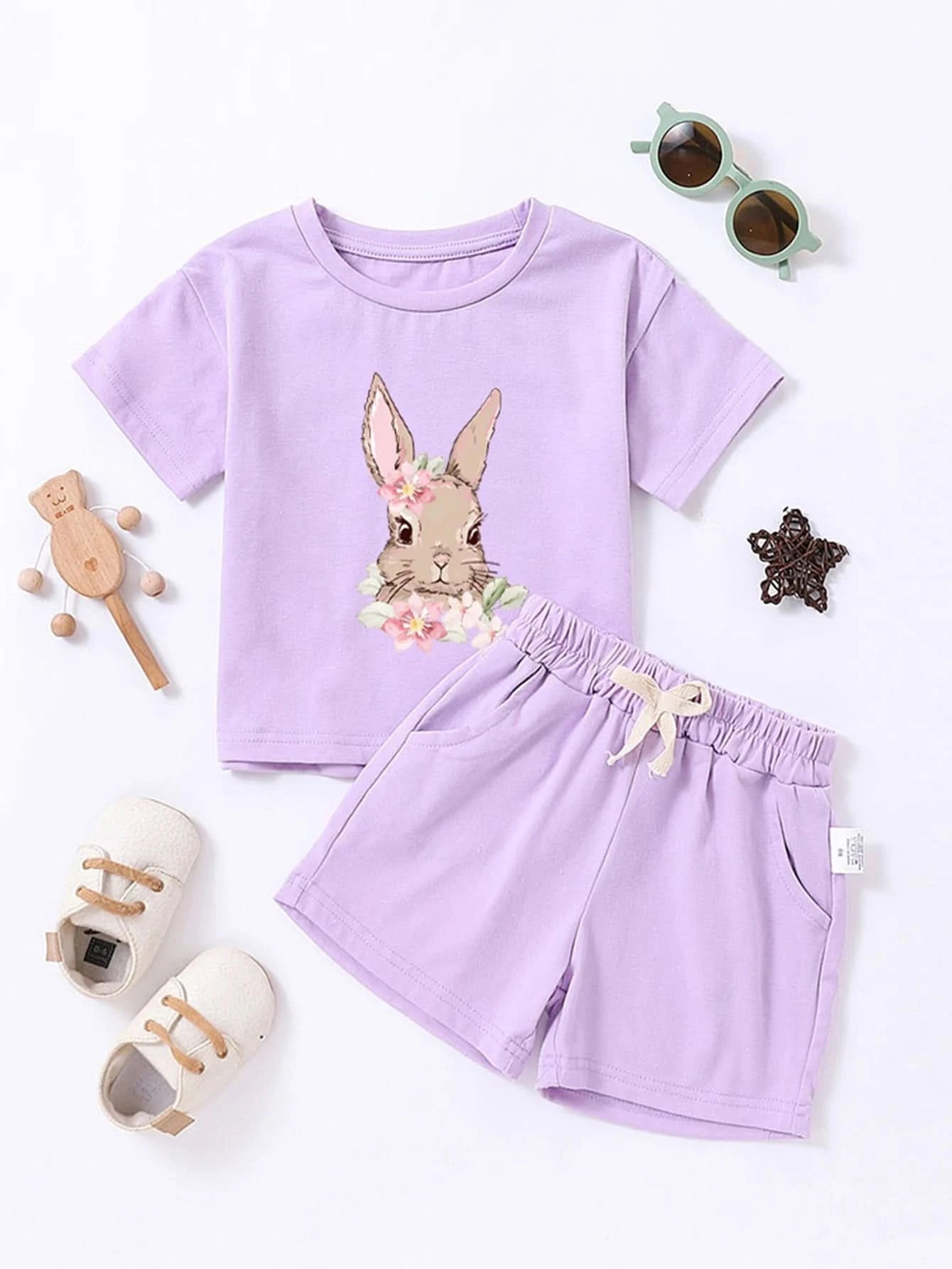 Hot Selling Children's Printed Summer Set Cute Rabbit Baby Boy And Girl Summer Clothing Children's Pure Cotton T-shirt Set - M & M Global